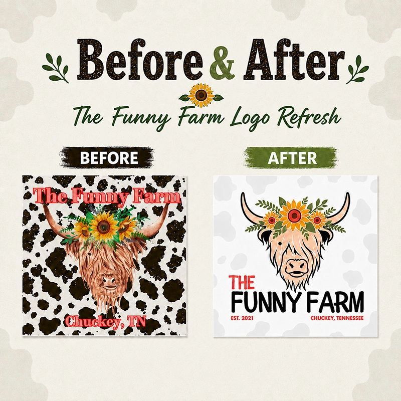 Before and after of The Funny Farm logo refresh