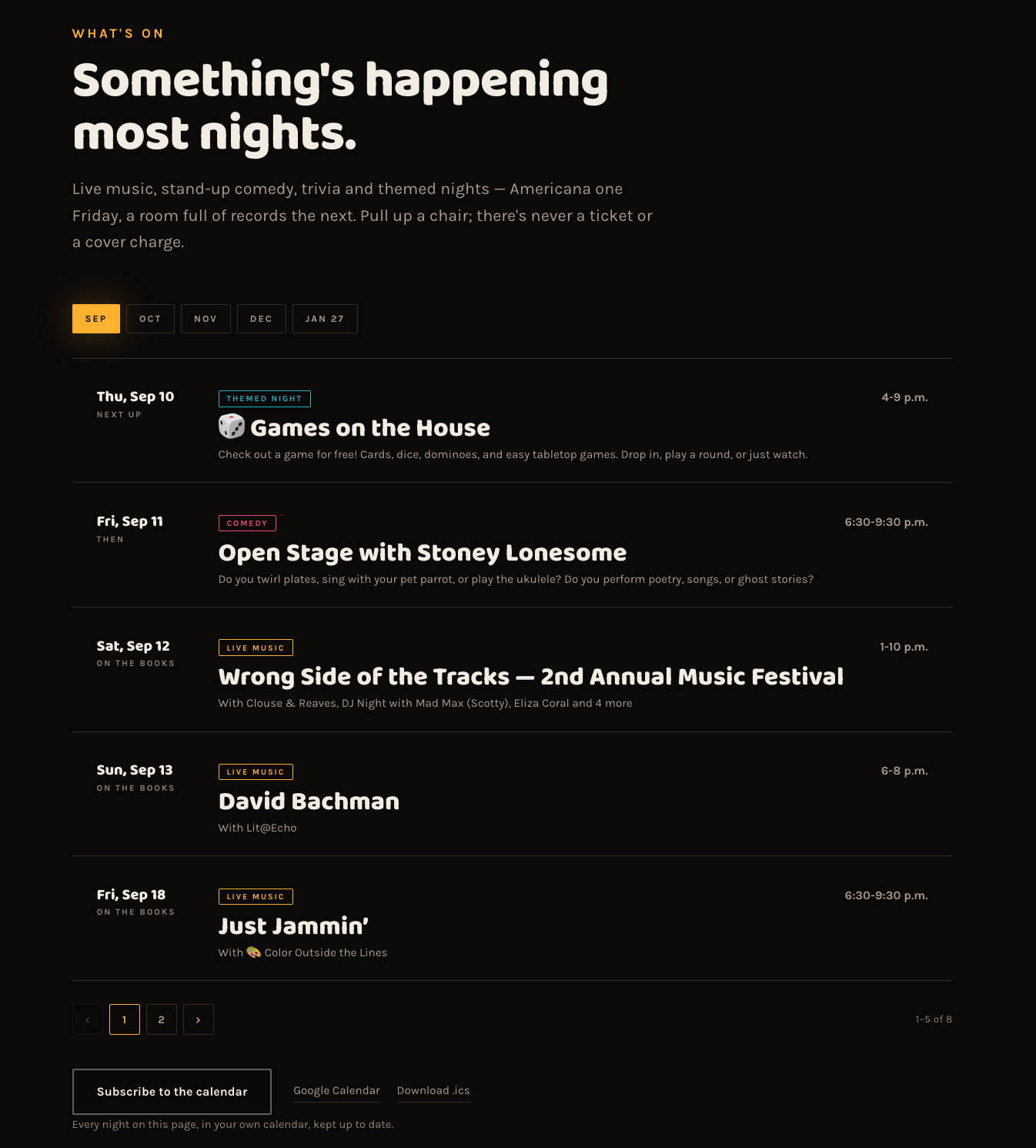 The events page, showing live music, comedy and themed nights by month, synced from Google Calendar