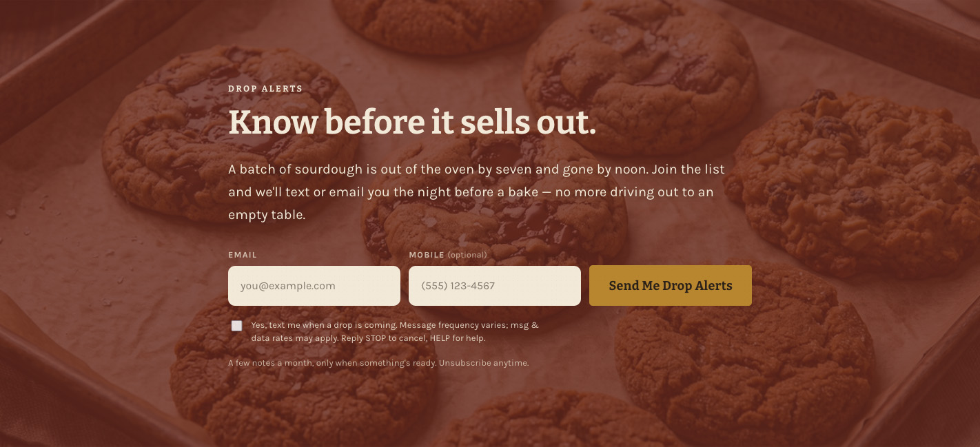 Fresh-batch alerts on the example farm stand site
