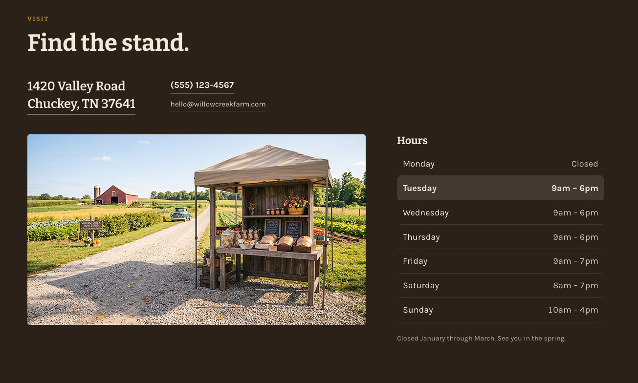 Hours and directions on the example farm stand site