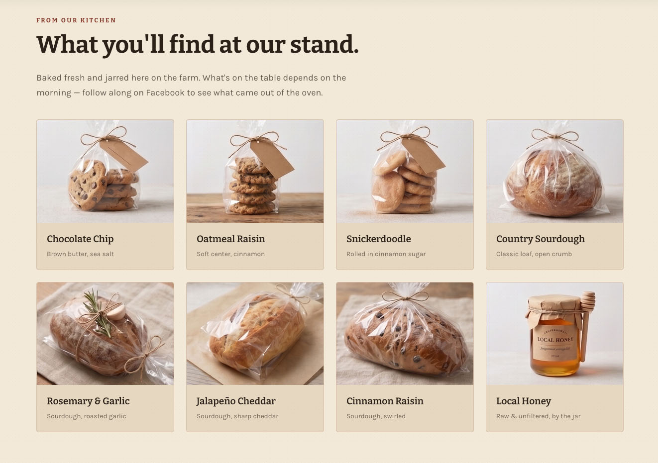 Product showcase on the example farm stand site