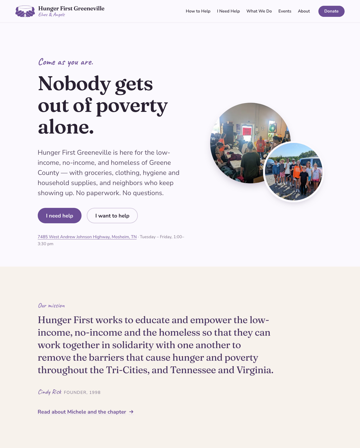 The Hunger First Greeneville homepage — “Nobody gets out of poverty alone”