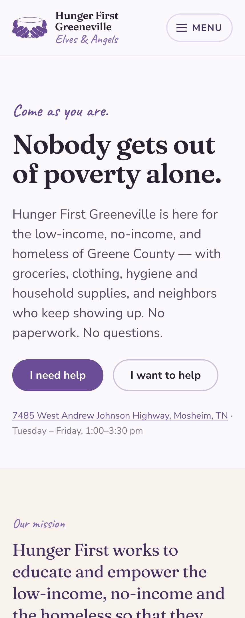 The Hunger First Greeneville homepage on a phone