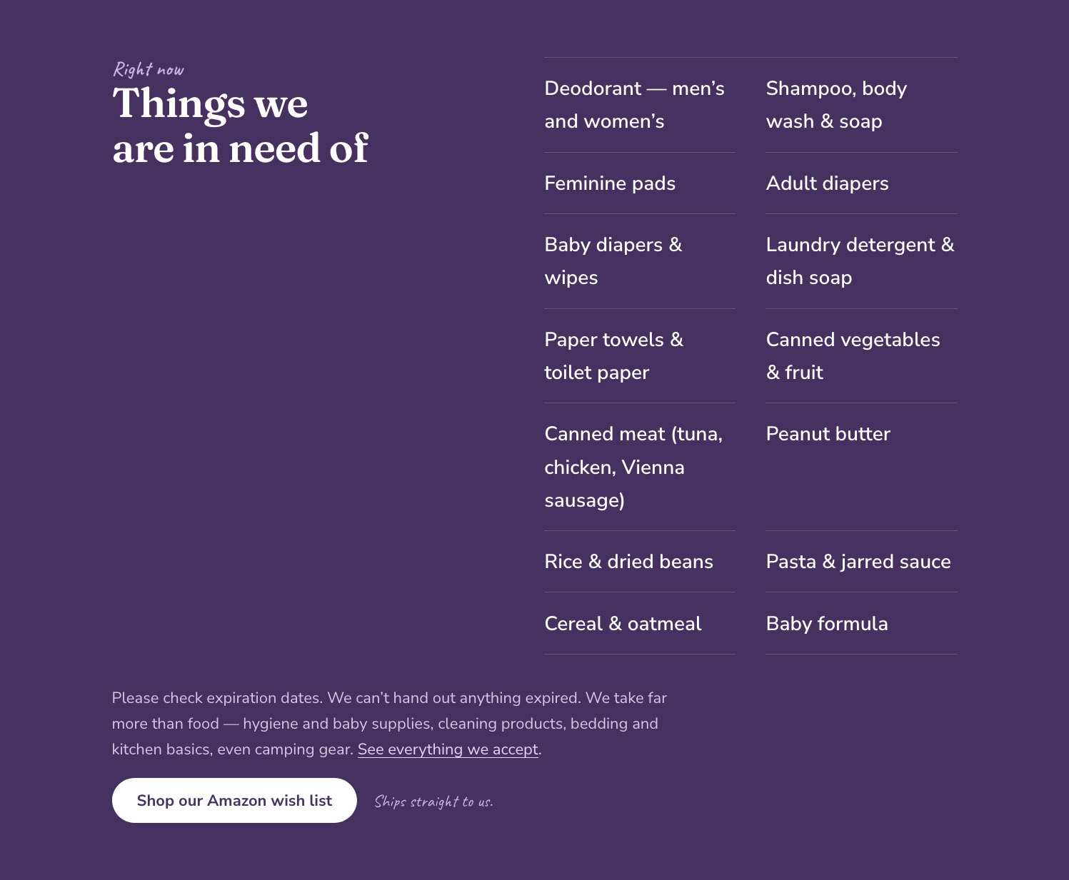 The “Things we are in need of” section, a two-column list of current pantry needs