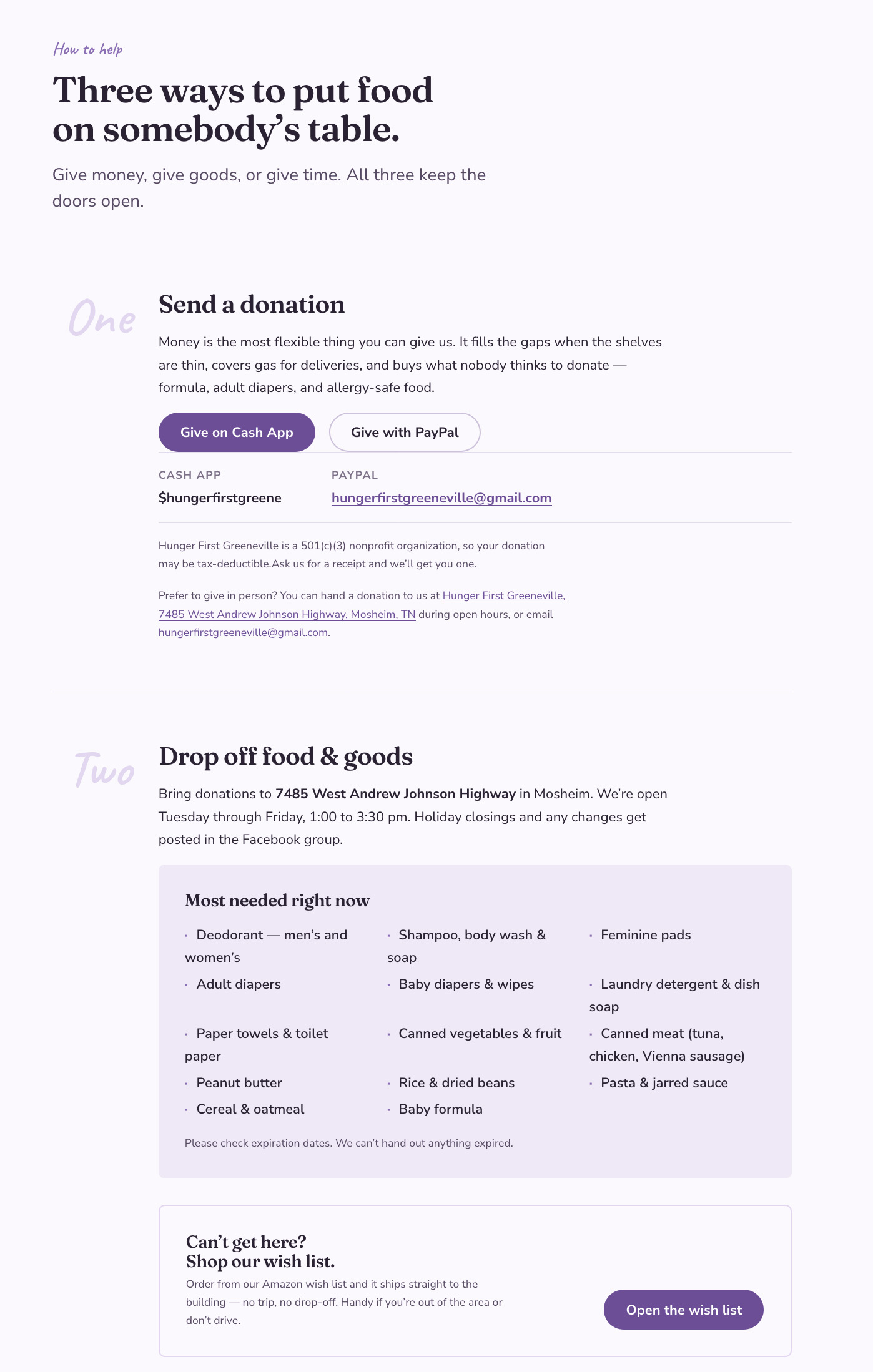 The “Three ways to put food on somebody's table” section, laying out how to give money, goods, or time