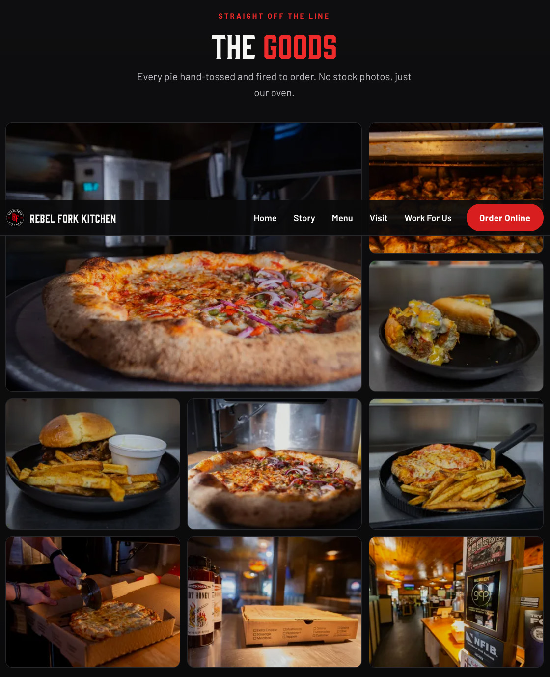 “The Goods” gallery on the site, a grid of food and interior photos shot at Rebel Fork Kitchen