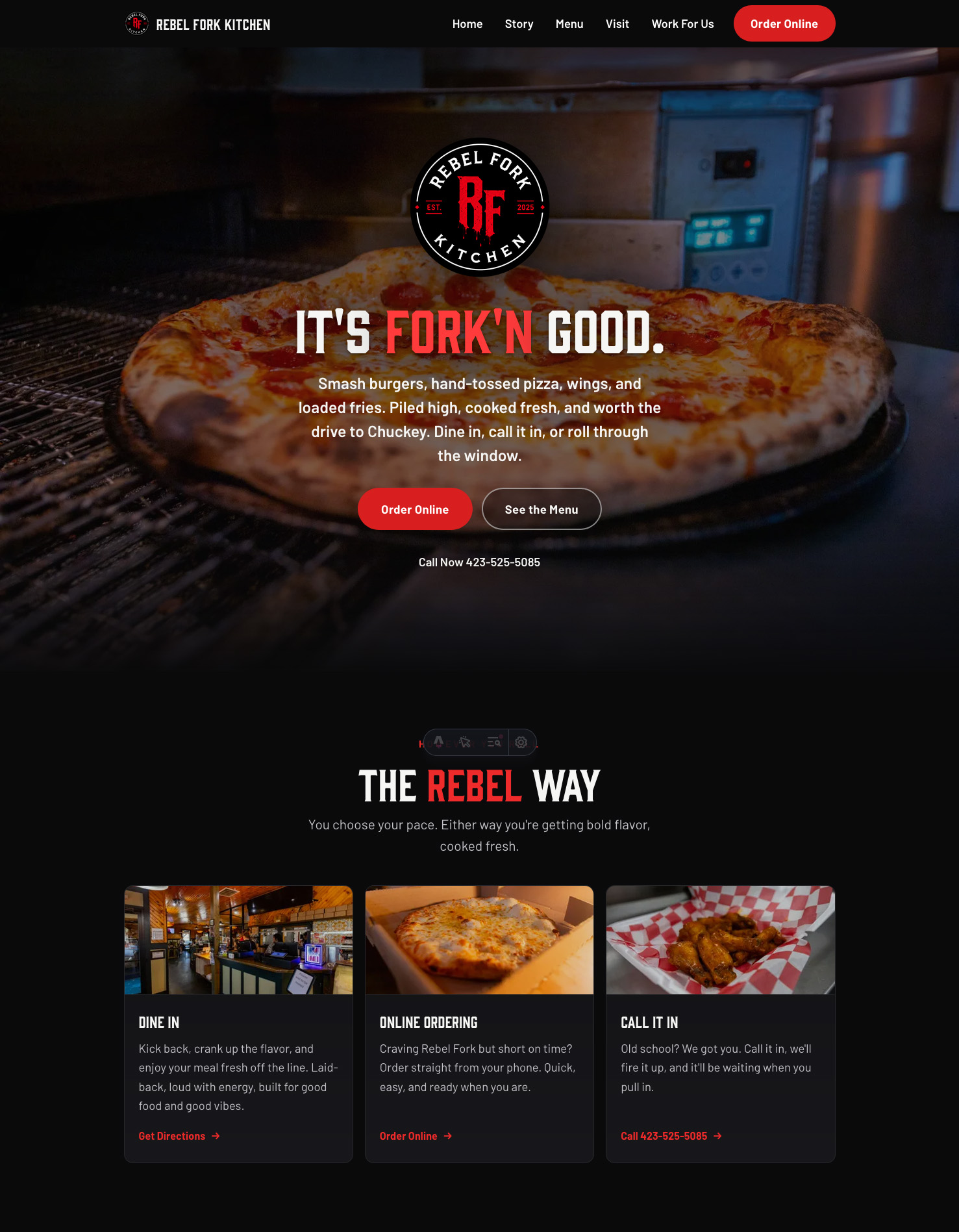 The Rebel Fork Kitchen homepage on desktop