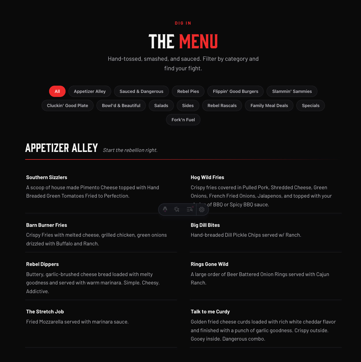 The menu page, with category filter chips above full item names and descriptions