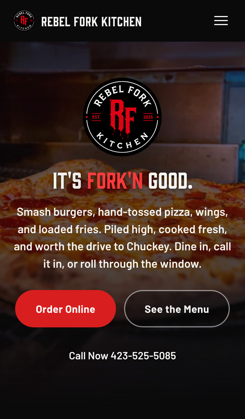 The Rebel Fork Kitchen homepage on a phone